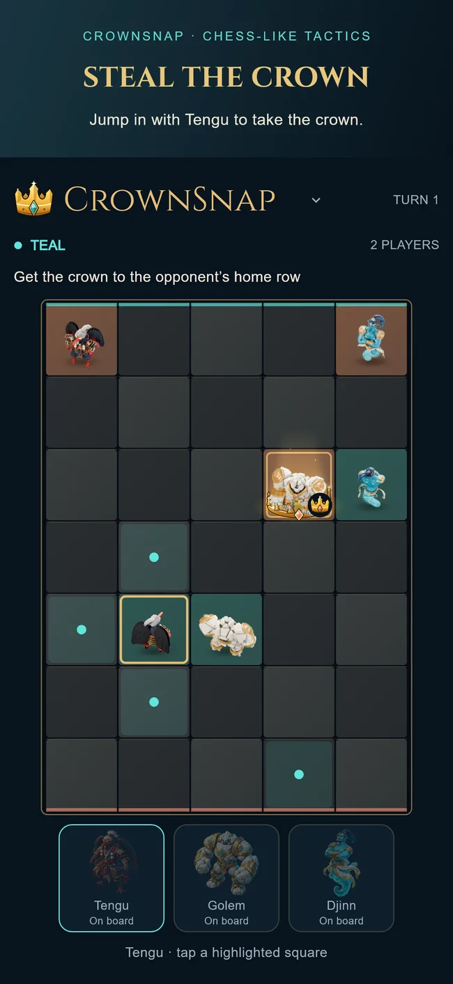 CrownSnap game interface: Tengu can jump diagonally to take the crowned Golem