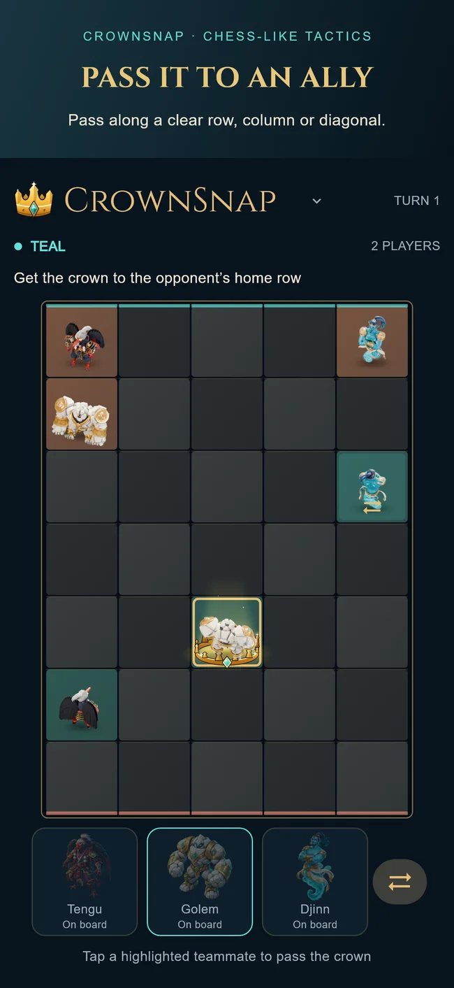 CrownSnap game interface: Golem is selected and Djinn is highlighted as a crown pass target
