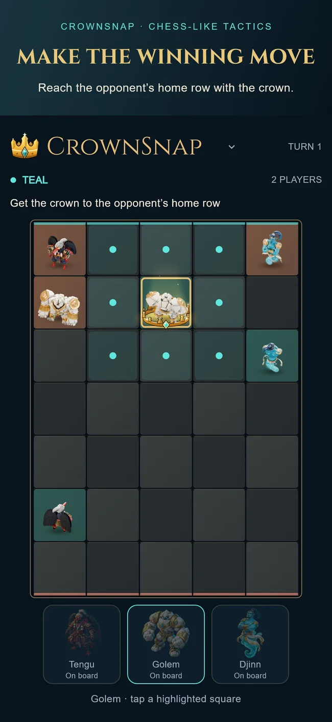 CrownSnap game interface: the crowned Golem is one move away from the winning row