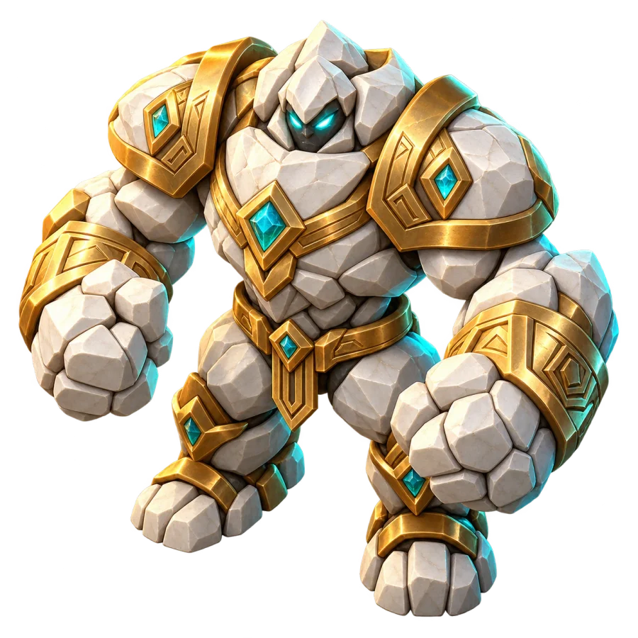 Golem, a white stone guardian with gold armor